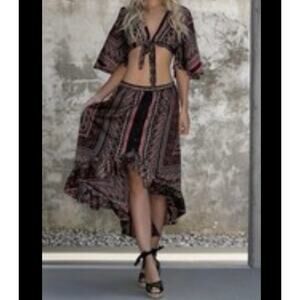 L’Atiste by Amy Boho Ruffled High-low Maxi Skirt Dark Paisley Satin Moulin Rouge